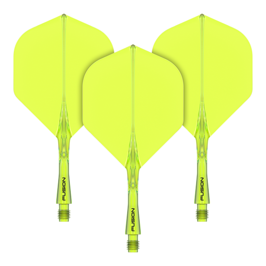Winmau Fusion Flight Shaft System Standard Yellow Das Bild zeigt drei gelbe Dartflights mit Schaftsystem. Auf den Schäften steht das Wort "FUSION" geschrieben.