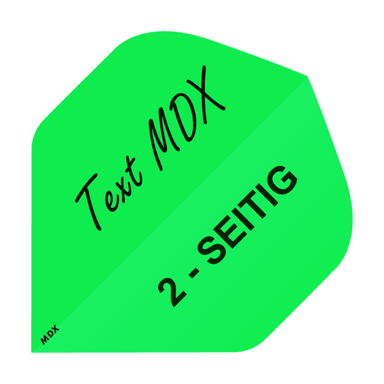 MD-403_2-Seitig_Bedruckte_Flights_Wunschtext_MDX_Gr-n_Standard_1 Das Bild zeigt einen grünen Dart-Flight mit schwarzem Aufdruck. Auf dem Flight steht "Text MDX" und "2-SEITIG".