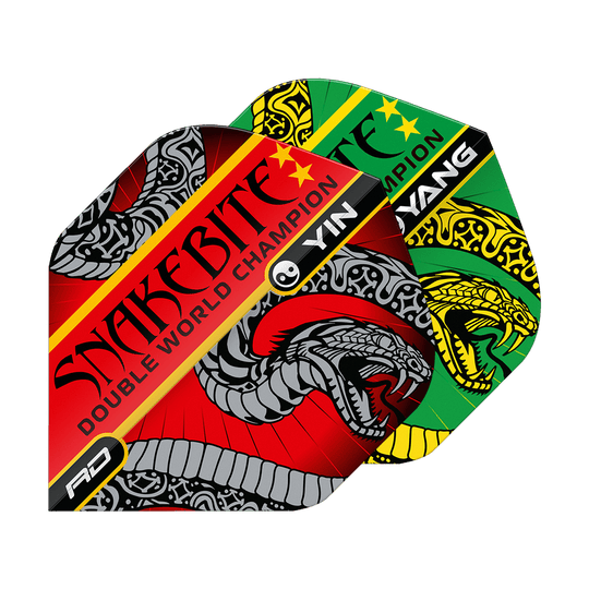 Red Dragon Peter Wright Snakebite Red Green Yin Yang Standard Flights Auf dem Bild sind zwei bunte Dart-Flights mit Schlangenmotiven zu sehen. Die Flights tragen die Aufschrift "Snakebite Double World Champion" und haben die Farben Rot und Grün.