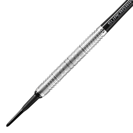 Harrows Control Parallel Softdarts Das Bild zeigt einen Harrows Control Parallel Softdart mit einem silbernen, gerillten Barrel. Der Dart hat eine schwarze Kunststoffspitze und einen Schaft mit der Aufschrift "Supergrip".