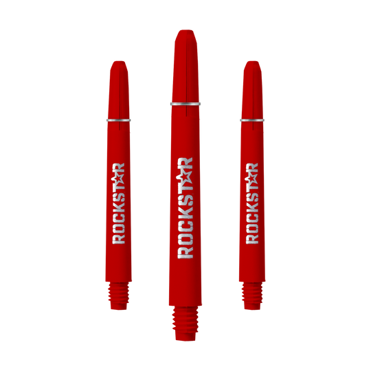 Auf dem Bild sind drei rote Rockstar Shafts mit 49 mm Länge zu sehen. Die Shafts haben einen weißen "ROCKSTAR"-Schriftzug und sind unten mit einem Gewinde versehen.