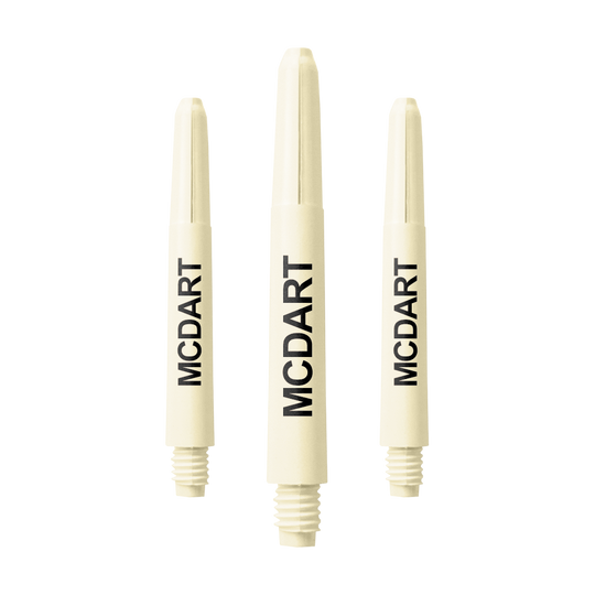 Auf dem Bild sind drei naturweiße Nylon-Dartschäfte mit Gewinde zu sehen. Auf jedem Schaft steht in schwarzer Schrift das Wort "MCDART".
