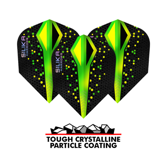 Harrows Silika Colorshift Tough Crystalline Coating Green No6 Flights Das Bild zeigt drei Harrows Silika Colourshift Tough Crystalline Coating Green No6 Flights mit schwarzem Hintergrund und grünen, gelben Akzenten. Darunter steht ein Logo mit der Aufschrift "Tough Crystalline Particle Coating".