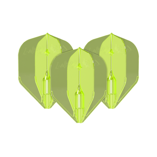 L-Style Fantom L3EZ Flights Neon Yellow Das Bild zeigt drei neongelbe L-Style Fantom L3EZ Flights für Dartpfeile. Sie sind aus Kunststoff und haben eine glänzende, transparente Oberfläche.