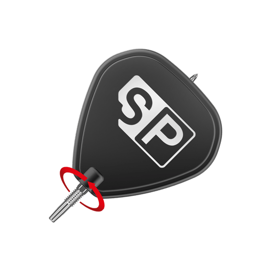 Target Swiss Point DX dart tips - Silver Das Bild zeigt eine schwarze Dart-Flügel mit der weißen Aufschrift "SP". Am unteren Ende ist eine silberne Dartspitze angebracht, um die ein roter Pfeil eine Drehbewegung anzeigt.