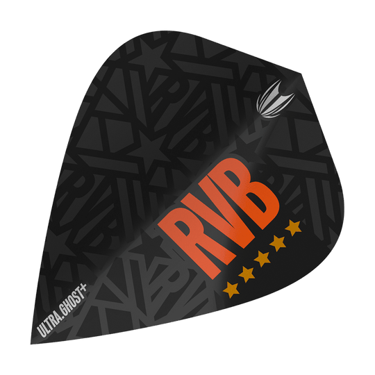 Target UltraGhost Raymond Van Barneveld GEN2 Kite Flights Dies ist ein Target UltraGhost Raymond Van Barneveld GEN2 Kite Flight. Das Flight ist schwarz mit großen orangen Buchstaben "RVB" und fünf gelben Sternen gestaltet.