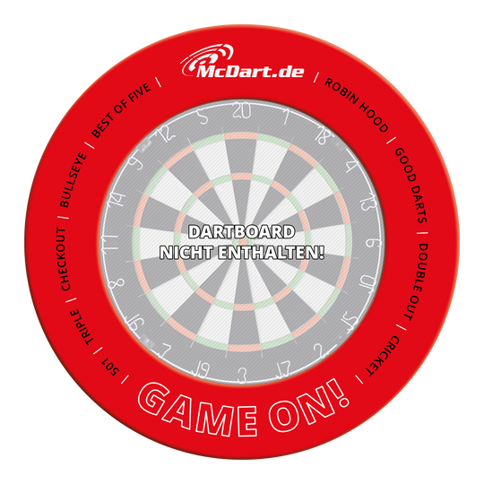McDart Game On Surround Eine rote Dartboard-Umrandung ist abgebildet. Dies ist die McDart Game On Dartboard Surround 2025 in Rot.