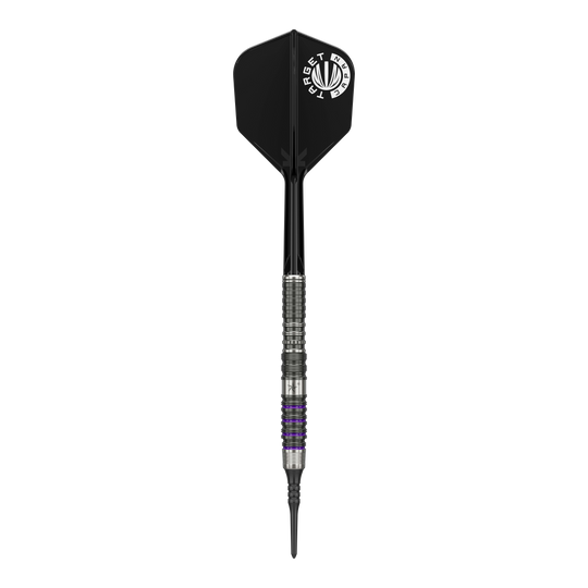 Das Bild zeigt einen Softdart aus der Target Japan Prime Series, Modell Yuta Hayashi Sirius GEN3 MAX mit einem Gewicht von 21,5g. Der Dart hat ein silbernes Griffstück mit schwarzen und lila Akzenten sowie eine schwarze Flight mit weißem Aufdruck.