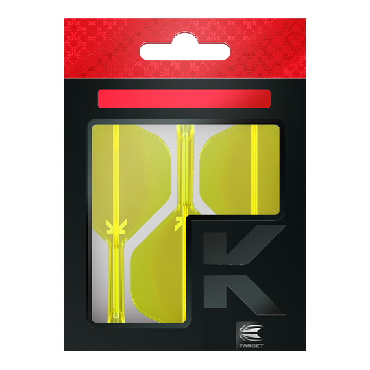 Target K-Flex No2 Standard Flight System - Neon Yellow Das Bild zeigt eine Packung mit neon-gelben Dart-Flights der Marke Target. Die Verpackung ist überwiegend schwarz mit einem auffälligen roten Bereich am oberen Rand.
