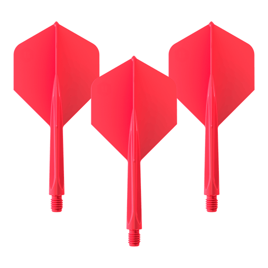 Unicorn Forge All In One Plus No2 Standard Flights Red - Medium Das Bild zeigt drei rote Dartflights mit integriertem Schaft. Es handelt sich um das Produkt "Unicorn Forge All In One Plus No2 Standard Flights Rot - Medium".