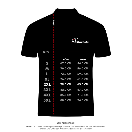 HRS-26036_Harrows_Paragon_Dartshirts_5_XXLjA22LhLtbRysl Das Bild zeigt eine Größentabelle für das Produkt "Harrows Paragon Dartshirt - Gelb". Die Tabelle listet die Maße für Höhe und Breite in Zentimetern für die Größen S bis 5XL auf.