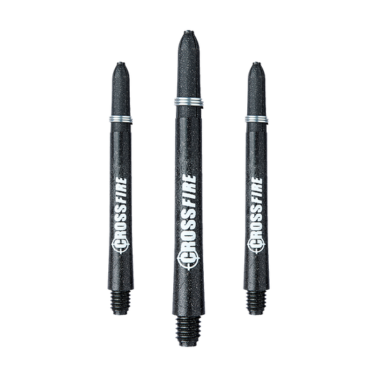 Das Bild zeigt drei RedDragon Crossfire Carbon Fibre Shafts für Darts. Sie sind schwarz und haben das Wort "CROSSFIRE" weiß aufgedruckt.