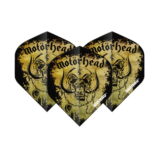 6905-241_Winmau_Motorhead_Acid_Splat_Standard_Flights_1WJF4TvZ0VzAaJ Das Bild zeigt die "Winmau Motorhead Acid Splat Standard Flights" mit einem auffälligen Totenkopf-Design. Die Flights sind in Schwarz und Gelb gehalten und tragen das Motorhead-Logo.