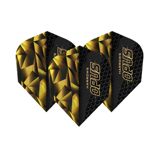 Harrow's Opus Version 1 Flights Das Bild zeigt die Harrows Opus Version 1 Flights. Sie haben ein auffälliges schwarzes und goldenes geometrisches Design mit dem Schriftzug "OPUS" darauf.