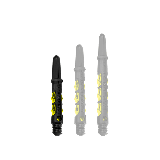 HR419_Harrows_Carbon_ST_Shafts_Gelb_33mm_1 Das Bild zeigt drei Harrows Carbon ST Shafts in Gelb. Sie sind in unterschiedlichen Längen angeordnet und haben ein schwarz-gelbes Design.