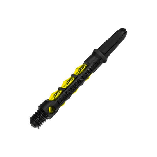 HR420_Harrows_Carbon_ST_Shafts_Gelb_40mm_2 Das Bild zeigt den Harrows Carbon ST Shaft in der Farbe Gelb. Der Schaft liegt vor einem modernen, gelb-schwarzen Hintergrund.