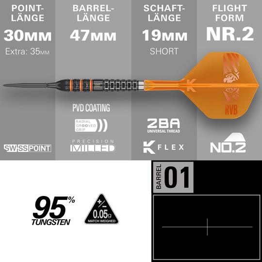Target Raymond Van Barneveld 95K Swiss Points Steel Darts Auf dem Bild ist der Target Raymond Van Barneveld 95K Swiss Points Steeldarts zu sehen. Die Darts haben ein professionelles Design.