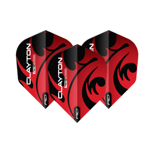 Red Dragon Jonny Clayton Red Black No6 Flights Auf dem Bild sind drei Dartflights des Produkts "Red Dragon Jonny Clayton Red Black No6 Flights" zu sehen. Die Flights sind rot-schwarz gestaltet und tragen den Aufdruck "CLAYTON".
