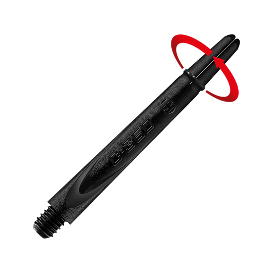 Das Bild zeigt einen schwarzen Dart-Schaft aus Carbon. Auf dem Schaft steht die Prägung "360" und er hat ein Gewinde am unteren Ende.