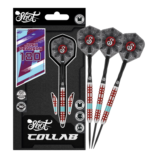 Das Produkt Shot Collab Pro Series Josh Pearson Steeldarts - 23g wird gezeigt. Die Darts besitzen eine präzise Verarbeitung für maximale Leistung.