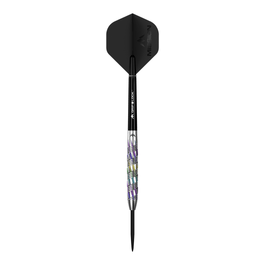 Mission Shuriken Steeldarts sind hochwertige Pfeile für das Dartspiel. Auf dem Bild sieht man einen einzelnen Mission Shuriken Steeldart.