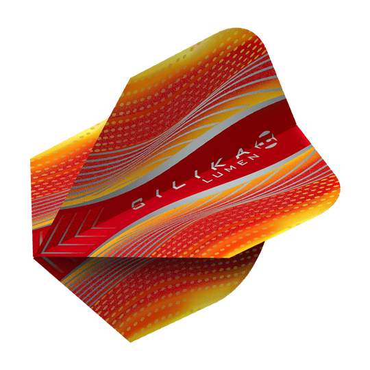 HF5128_Harrows_Silika_Lumen_Yellow_Red_No6_Flights_2 Das Bild zeigt das Produkt "Harrows Silika Lumen Yellow Red No6 Flights". Es ist ein Dartflight in den Farben Rot, Gelb und Silber mit dynamischem Muster und dem Aufdruck "Silika Lumen".