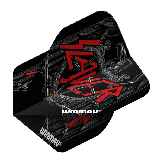 6905-221_Winmau_Rockstar_Legends_Slayer_Black_Eagle_Standard_Flights_2 Das Bild zeigt die "Winmau Rockstar Legends Slayer Black Eagle Standard Flights" für Dartpfeile. Die Flights sind hauptsächlich schwarz mit einem auffälligen roten Slayer-Logo und dem weißen Winmau-Schriftzug.