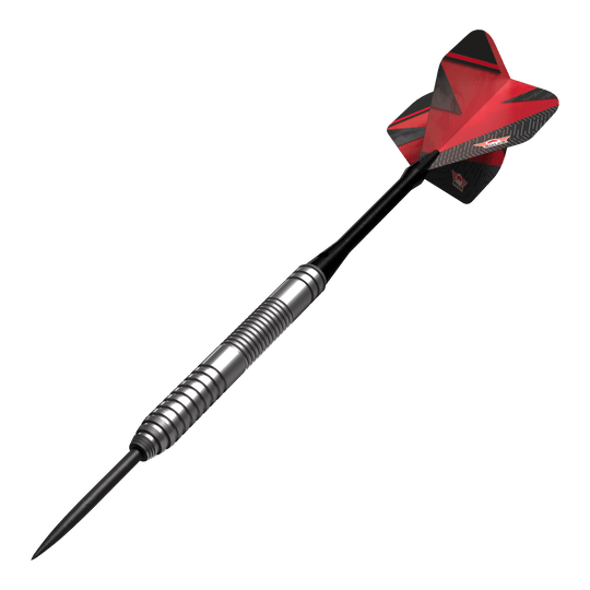 Bulls NL Lightning Red steel darts Das Bild zeigt einen Bulls NL Lightning Red Steeldart mit silbernem Barrel und roten Flights. Der Dart hat ein modernes Design und ist für Präzision beim Spielen gemacht.