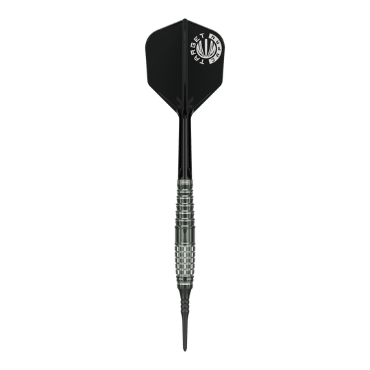 Target Japan Akito Yamagata Scream GEN1 Soft Darts - 19g Das Bild zeigt einen Target Japan Akito Yamagata Scream GEN1 Softdart mit einem Gewicht von 19g. Der Dart hat eine schwarze Spitze, einen silbernen, geriffelten Schaft und eine schwarze Flights mit weißem Aufdruck.