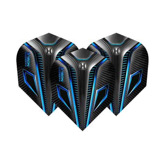 HR7_Harrows_Noble_Aqua_Standard_Flights_14J8PBJ8cZpXWT Das Bild zeigt drei Harrows Noble Aqua Standard Flights für Dartpfeile. Die Flights haben ein modernes Design in Schwarz mit blauen und silbernen Akzenten.