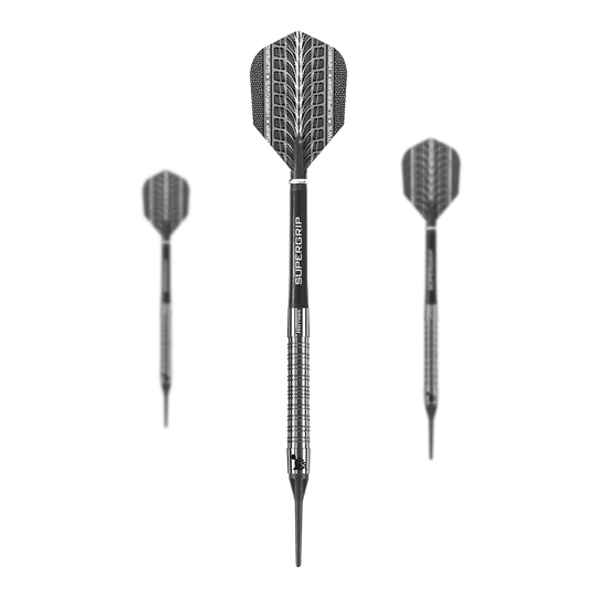 Harrows Supergrip 90% soft darts Das Bild zeigt drei Harrows Supergrip 90% Softdarts mit silbernem, gerilltem Barrel. Die Flights sind schwarz mit einem auffälligen Muster gestaltet.