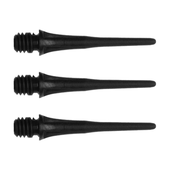X9048_Cosmo_Fit_Point_Plus_2BA_Spitzen_Schwarz_14qvON0clQjNIm Das Bild zeigt drei schwarze Cosmo Fit Point Plus 2BA Spitzen mit einer Länge von 25 mm. Sie sind für Softdarts geeignet und werden im 50er Pack verkauft.