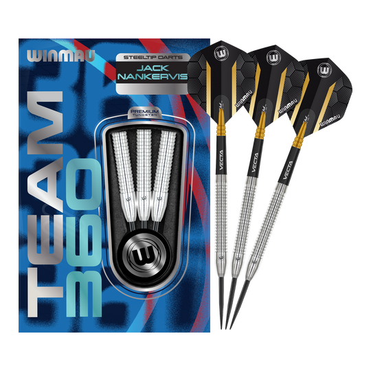 Auf dem Bild sind die Winmau Team 360 Jack Nankervis Steeldarts mit 24g zu sehen. Diese Steeldarts bieten eine ausgezeichnete Kontrolle beim Wurf.