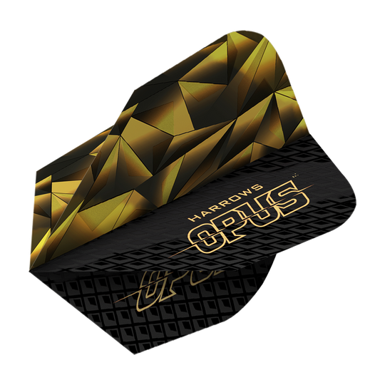 Harrow's Opus Version 1 Flights Das Bild zeigt das Produkt "Harrows Opus Version 1 Flights". Das Design ist in Schwarz und Gold mit geometrischen Mustern und dem Schriftzug "OPUS" gestaltet.