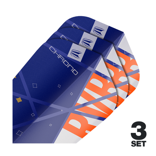 Auf dem Bild sind drei Sätze von Target Pro Ultra Raymond Van Barneveld Chrono Ten-X Standard Flights zu sehen. Die Flights sind überwiegend blau mit orangefarbenen und weißen Akzenten gestaltet.