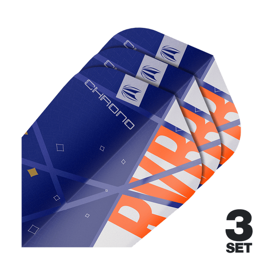 Target Pro Ultra Raymond Van Barneveld Chrono Ten-X Standard Flights - 3 sets Auf dem Bild sind drei Sätze von Target Pro Ultra Raymond Van Barneveld Chrono Ten-X Standard Flights zu sehen. Die Flights sind überwiegend blau mit orangefarbenen und weißen Akzenten gestaltet.
