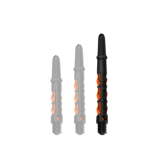 HR430_Harrows_Carbon_ST_Shafts_Orange_47mm_1 Das Bild zeigt drei Harrows Carbon ST Shafts in der Farbe Orange. Sie sind in unterschiedlichen Längen abgebildet und bestehen aus schwarzem Material mit orangenen Akzenten.