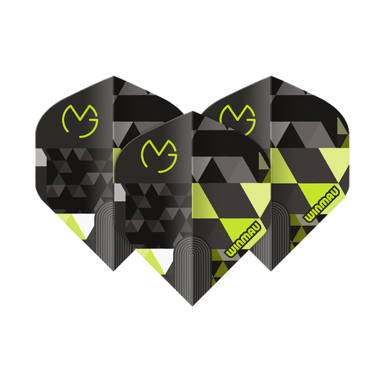 Abgebildet ist Winmau Prism Delta MvG Logo Green No2 Standard Flights. Das Produkt zeigt grüne Dart-Flights mit Logo als Set.