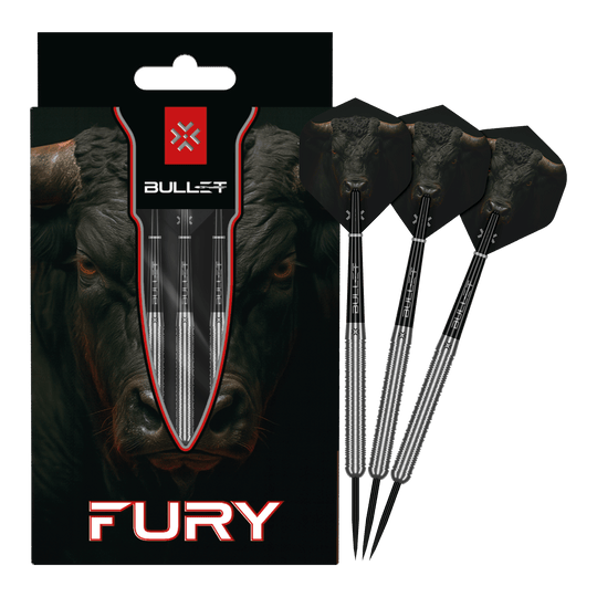 Auf dem Bild sind die Bullet Fury Steel Darts vollständig dargestellt. Das Set ist für Dartbegeisterte geeignet.