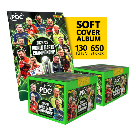 Gezeigt wird das Panini PDC World Darts Championship 2025/26 Softcover Mega Bundle mit zwei Stickerboxen. Das Mega Bundle bietet noch mehr Sticker zum Sammeln und Tauschen.