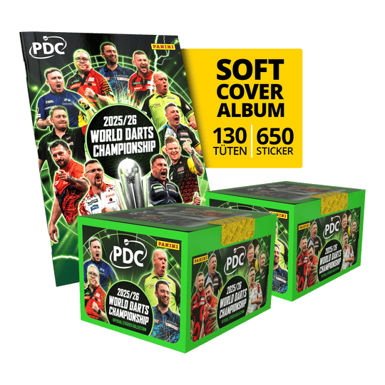 Panini PDC World Darts Championship 2025/26 - Softcover Mega Bundle with two sticker boxes Gezeigt wird das Panini PDC World Darts Championship 2025/26 Softcover Mega Bundle mit zwei Stickerboxen. Das Mega Bundle bietet noch mehr Sticker zum Sammeln und Tauschen.