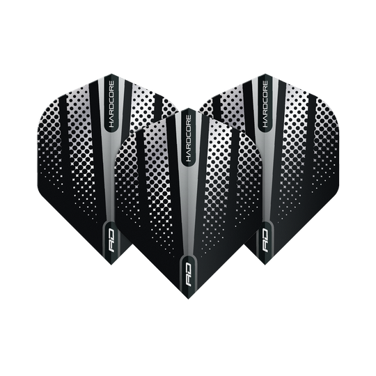 Das Bild zeigt drei Dart-Flights des Produkts "Red Dragon Hardcore Radical Black Flash Standard Flights". Die Flights sind schwarz mit silbernen und weißen Punkten und Streifen gestaltet.