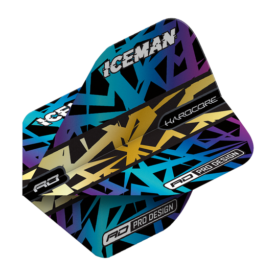 TF6826_Red_Dragon_Hardcore_Gerwyn_Price_Rainbow_Gold_Standard_Flights_2LqngRvR8k9DaC Das Bild zeigt die Red Dragon Hardcore Gerwyn Price Rainbow Gold Standard Flights. Die Flights haben ein auffälliges, buntes Design mit den Aufschriften "ICEMAN", "HARDCORE" und "PRO DESIGN".