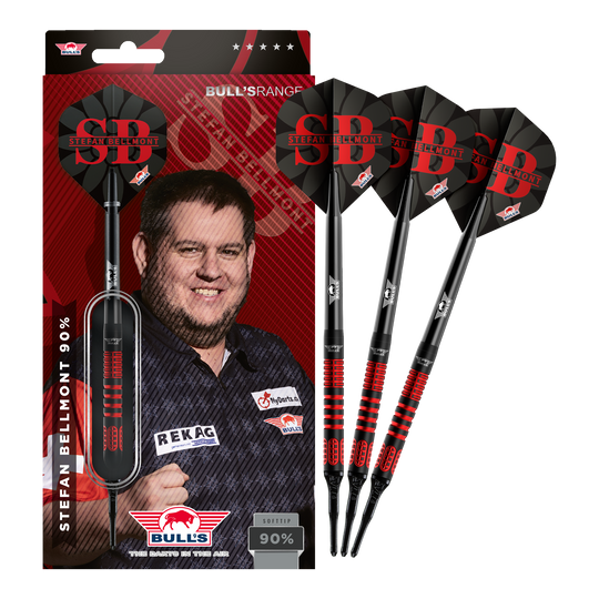 Auf dem Bild sind die Bulls NL Stefan Bellmont 90 Softdarts - 20g komplett zu sehen. Diese Darts bieten Präzision und gute Spielbarkeit.