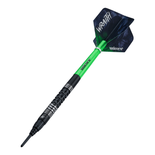 Die Unicorn Wraith James Wade Softdarts - 19g sind auf dem Bild dargestellt. Diese Darts sind ein offizielles James Wade Modell.