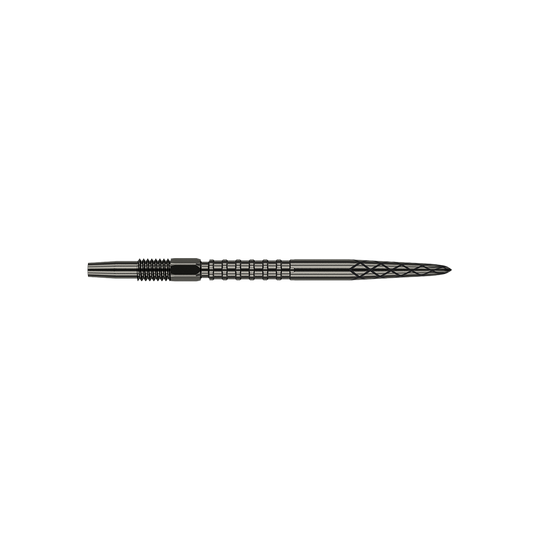 Target Swiss DS Surge Point dart tips - Black Das Bild zeigt eine schwarze Dartspitze mit Rillen und einem strukturierten Muster. Sie ist schmal und lang, typisch für Präzisionsdarts.