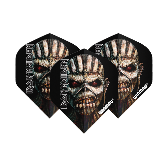6905-239_Winmau_Iron_Maiden_Book_Of_Souls_Standard_Flights_13UKbaWZY0mb9N Das Bild zeigt drei Dartflights mit einem gruseligen Totenkopf-Design aus dem Buch "Book of Souls" von Iron Maiden. Auf den Flights stehen die Schriftzüge "IRON MAIDEN" und "Winmau".