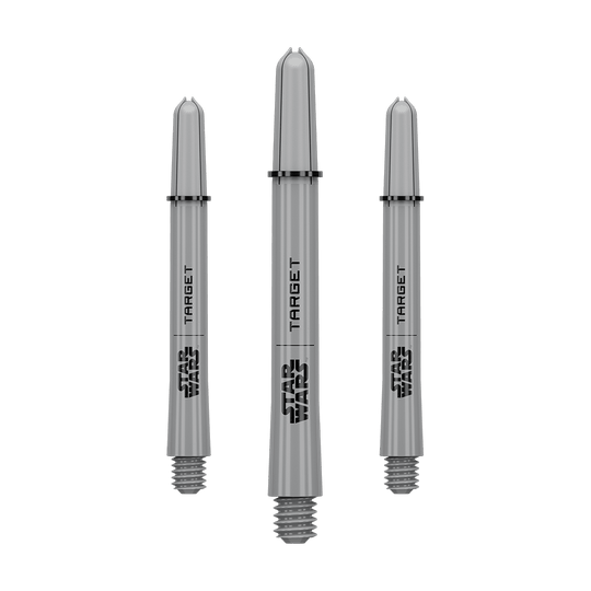 Target Star Wars ProGrip Shafts - Gray Das Bild zeigt ein Dart-Zubehör mit dem Dateinamen 380432_Target_StarWars_ProGrip_Shafts_Grau_Medium_48mm_1Set. Es handelt sich vermutlich um einen grauen Medium ProGrip Shaft von Star Wars mit 48mm Länge als Set.