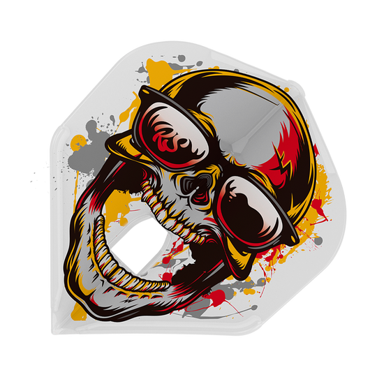 Das Bild zeigt das Produkt „L-Style Marijanovic V1 L1PRO Standard Flights“. Auf dem Flight ist ein farbenfrohes Totenkopfdesign mit Sonnenbrille und bunten Farbspritzern abgebildet.