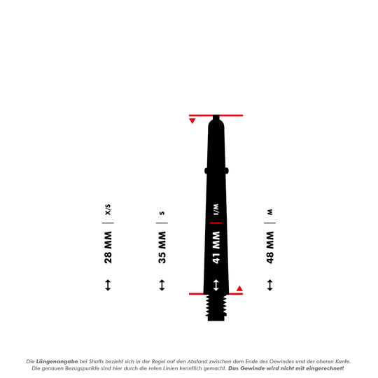 Das Bild zeigt die Bulls B-Grip-2 SL Shafts in Schwarz mit einer Längenübersicht. Die verfügbaren Längen sind 28 mm (XS), 35 mm (S) und 41 mm (M), gemessen zwischen den rot markierten Punkten ohne Gewinde.